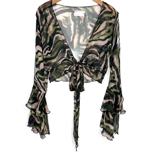 Asos Design Fairy Sheer Tie Front Ruffle Sleeve Crop Top Size 8 - Picture 2 of 15